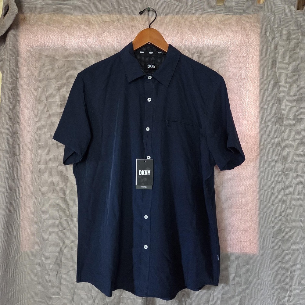 NEW DKNY Shirt Mens Large Blue Solid Short Sleeve Stretch Button-Up UPF 30